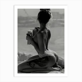 Naked Woman Reading Book Black And White Beach Photography Vintage Art Print