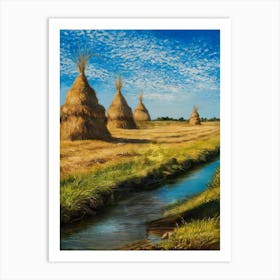 Haystacks By The Stream Art Print