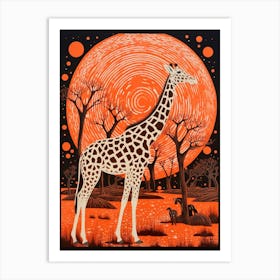 Orange Linocut Inspired Giraffe In The Sunset Art Print