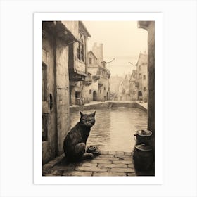 A Cat In The Medieval Streets Sepia Etching Art Print