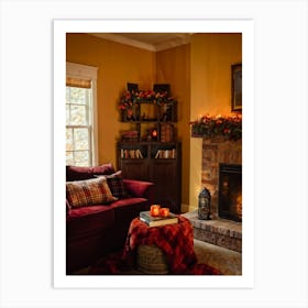 Autumn Themed Cozy Living Room Warm Golden Light Bathing The Room Soft Textures Of Plush Pillows N (2) Art Print