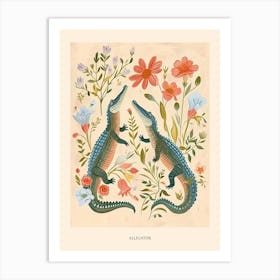 Folksy Floral Animal Drawing Alligator 2 Poster Art Print