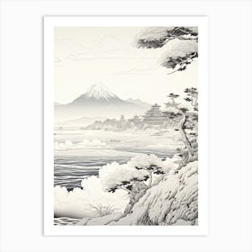 The Ogasawara Islands In Tokyo, Ukiyo E Black And White Line Art Drawing 1 Art Print