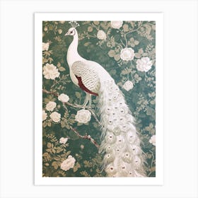 White Peacock Vintage Floral Wallpaper 1 Art Print