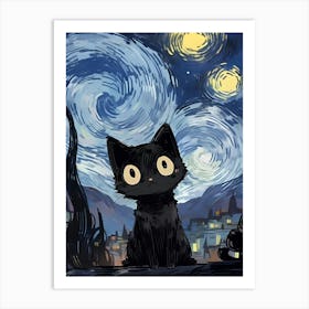 Cat At Starry Night Art Print