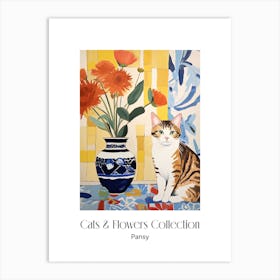 Cats & Flowers Collection Pansy Flower Vase And A Cat, A Painting In The Style Of Matisse 1 Art Print