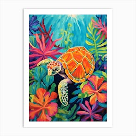 Baby Sea Turtle With Tropical Plants Art Print