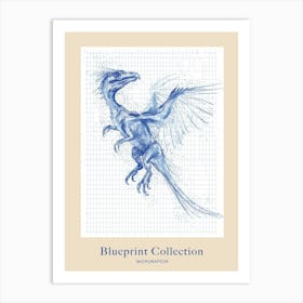 Microraptor Dinosaur Blue Print Sketch 2 Poster Art Print