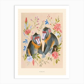 Folksy Floral Animal Drawing Baboon 3 Poster Art Print