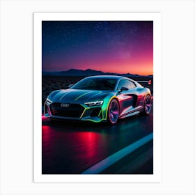 Audi R8 in neon lights, a cyberpunk sports car at night. Speed, race, and futuristic design blend in a synthwave scene. Art Print