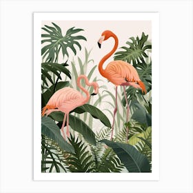 Lesser Flamingo And Philodendrons Minimalist Illustration 1 Art Print