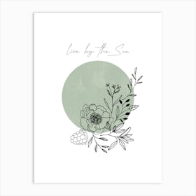 Live By the Sun, Sage Green Floral Sun, Boho Art Print