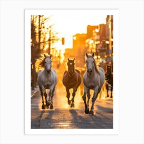 Horses Running In The Street. Generated AI. Art Print Art Print