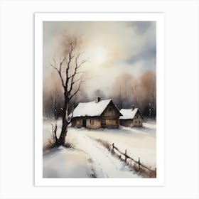 Rustic Winter Oil Painting Vintage Cottage (29) Art Print