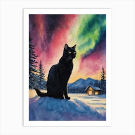 Black Cat At The Northern Lights ~ Beautiful Witch Kitty Under The Aurora Borealis in Snowing Lapland, Yule Winter Scene Rainbow Watercolor Witchy Art Print by Lyra the Lavender Witch - Pagan Witchcraft Fairytale Magical Art Print