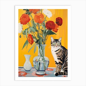 Freesia Flower Vase And A Cat, A Painting In The Style Of Matisse 2 Art Print