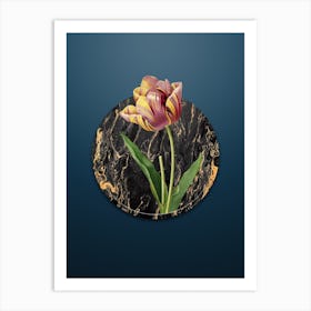 Vintage Tulip Botanical in Gilded Marble on Dusk Blue Art Print