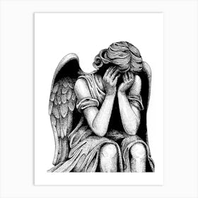 Weeping Angel Statue in Black and White Ink Art Print