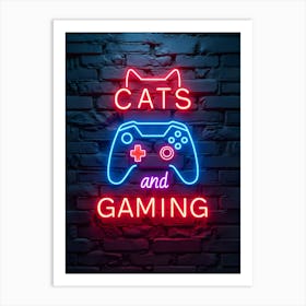 Neon Cats And Gaming Sign Video Game Poster Canvas Wall Room Decor Art Print