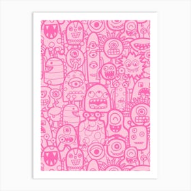 Cute Clusters of Monsters and Aliens Pink Monochrome Kids Art Print