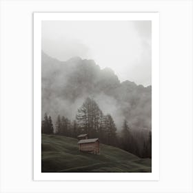 Foggy Hillside Cabins Art Print