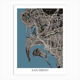 San Diego California Black Blue Art Print