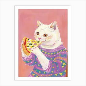 Cute White Cat Eating Pizza Folk Illustration 2 Art Print