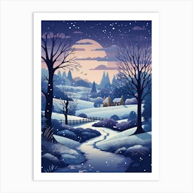 Winter Travel Night Illustration Cotswolds United Kingdom 2 Art Print