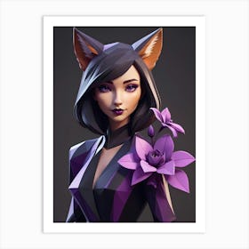 Low Poly Floral Fox Girl, Purple (25) Art Print