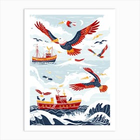 Eagles Flying Over The Sea Art Print