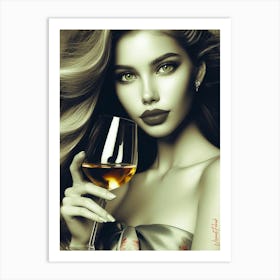 Green Eyed Girl With A Glass Of Golden Wine Art Print