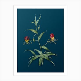Vintage Flame Lily Botanical Art on Teal Blue n.0094 Art Print