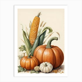Holiday Illustration With Pumpkins, Corn, And Vegetables (6) Art Print