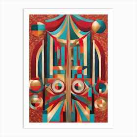 Dare - Abstract Art Deco Geometric Shapes Oil Painting Modernist Picasso Inspired Bold Gold Green Turquoise Red Face Visionary Fantasy Style Wall Decor Surrealism Trippy Cool Room Art Invoke Psychedelic Art Print