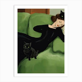 Decadent Young Woman After The Dance With Cats Art Print