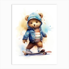 Skateboarding Teddy Bear Painting Watercolour 4 Art Print