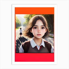 Realistic Portrait Of A Beautiful School Girl Art Print