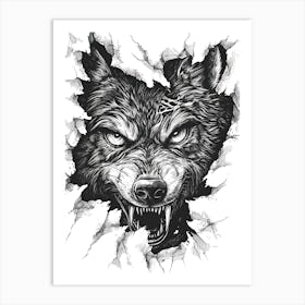 Angry Wolf Watching from Wall Hole 18 Art Print