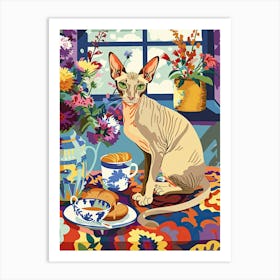 Tea Time With A Cornish Rex Cat 1 Art Print