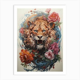 Lion With Flowers Art Print