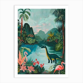 Dinosaur With Flamingo Painting 2 Art Print