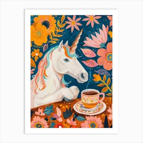 Floral Fauvism Style Unicorn Drinking Coffee 3 Art Print