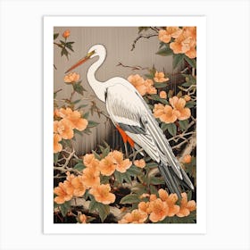 Orange Flowers And Crane Vintage Japanese Botanical Art Print