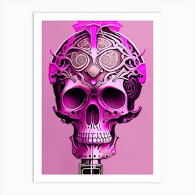 Skull With Steampunk Details 1 Pink Line Drawing Art Print