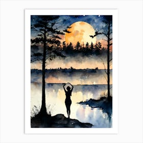 At The Lake ~ Full Moon Contemplating Serenity Calm Yoga Meditating Spiritual Grounding Heart Open Buddhist Indian Travel Guidance Wisdom Peace Love Witchy Beautiful Watercolor Woman Trees Blue Silhouette Art Print