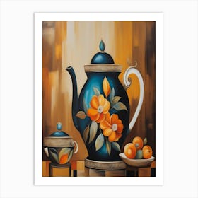 Teapot And Oranges Art Print