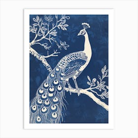 Navy Blue Linocut Inspired Peacock In A Tree 2 Art Print