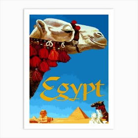 Egypt, Profile Of A Camel in Front of Pyramid and Sphinx of Giza Art Print