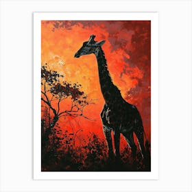 Giraffe In The Red Sunset Brushstroke Style 1 Art Print
