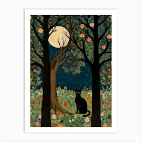 Cat In The Moonlight Style William Morris 1 Art Print